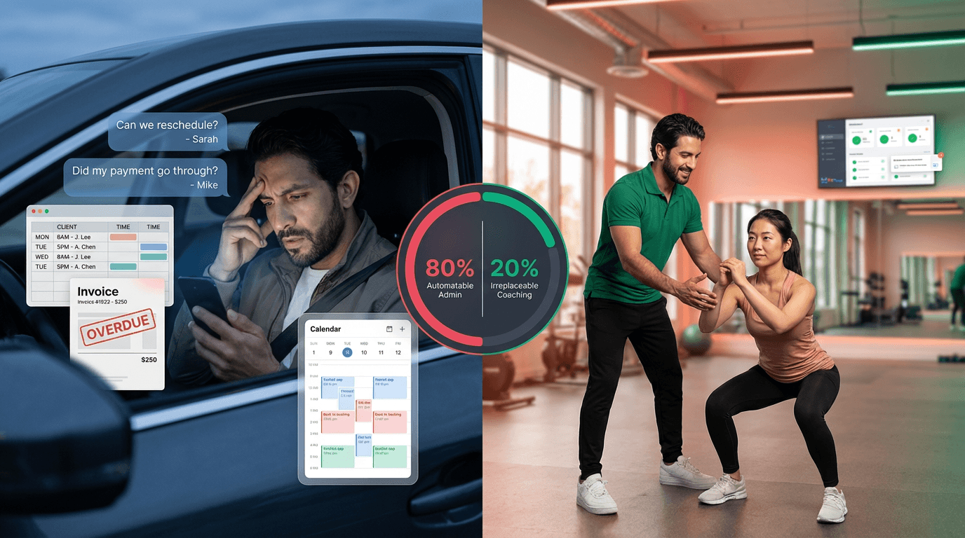 Personal trainer reviewing an automation dashboard on a laptop with scheduling, billing, and client communication workflows running in the background