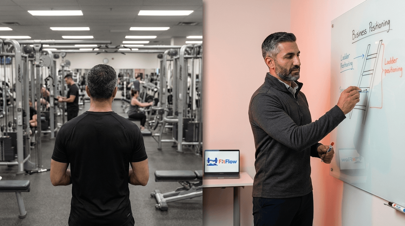 Split image comparing a generic personal trainer on a crowded gym floor with a positioned specialist mapping a strategy framework on a whiteboard in a modern studio