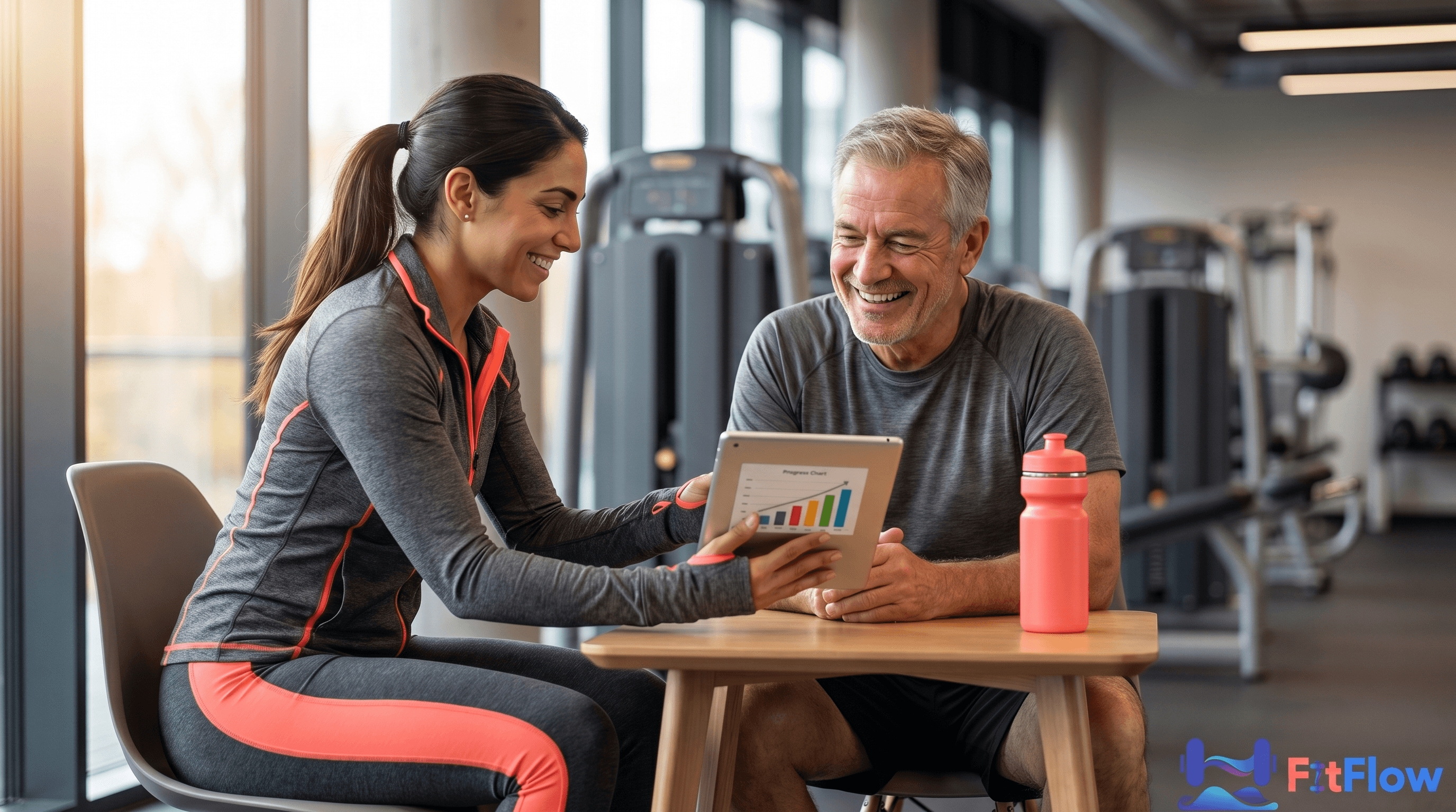 Personal trainer reviewing a client progress report at a desk while drafting a referral message on a tablet