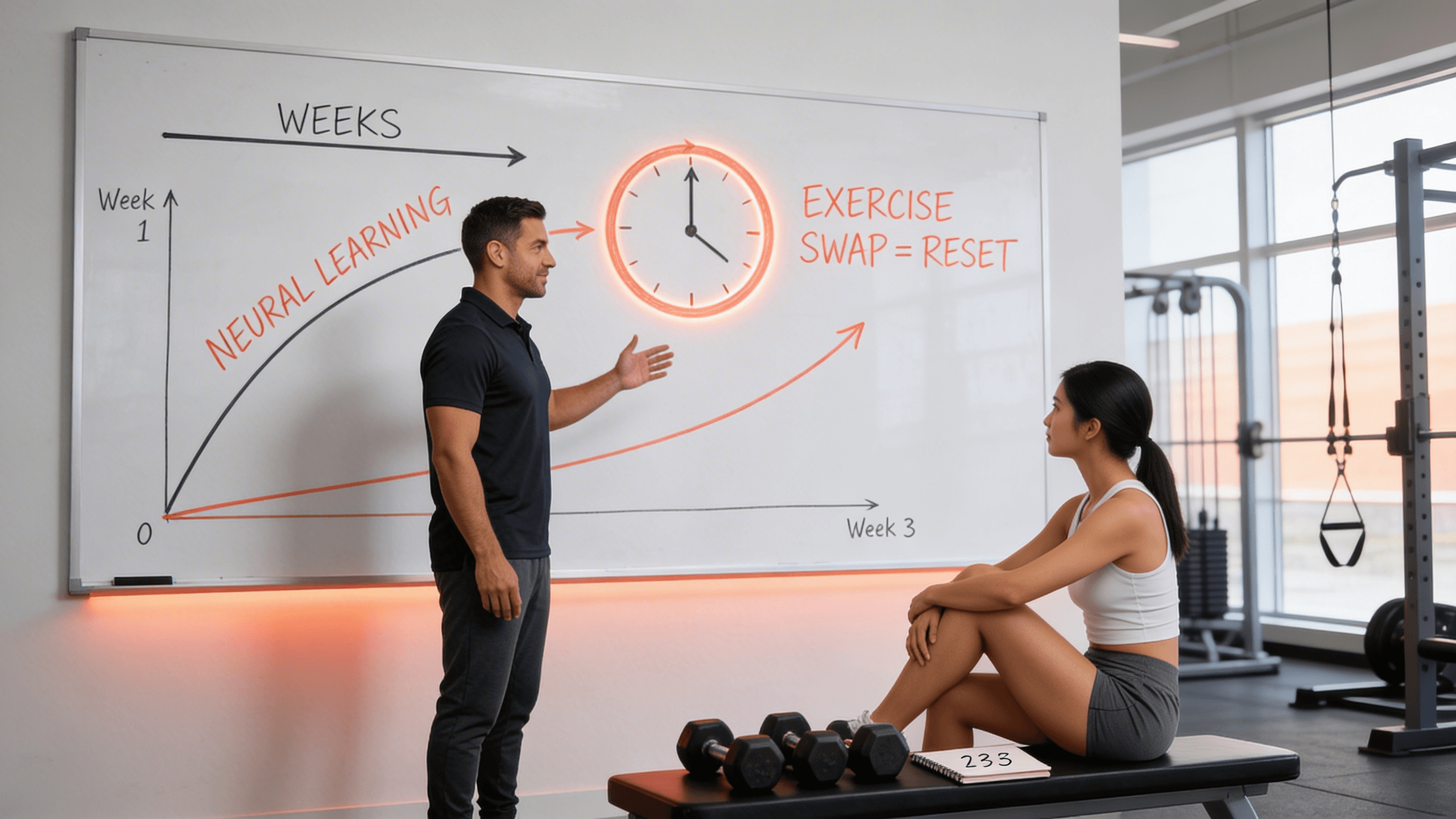 Personal trainer coaching a client through a barbell squat with focused attention, representing exercise consistency and progressive overload over exercise rotation
