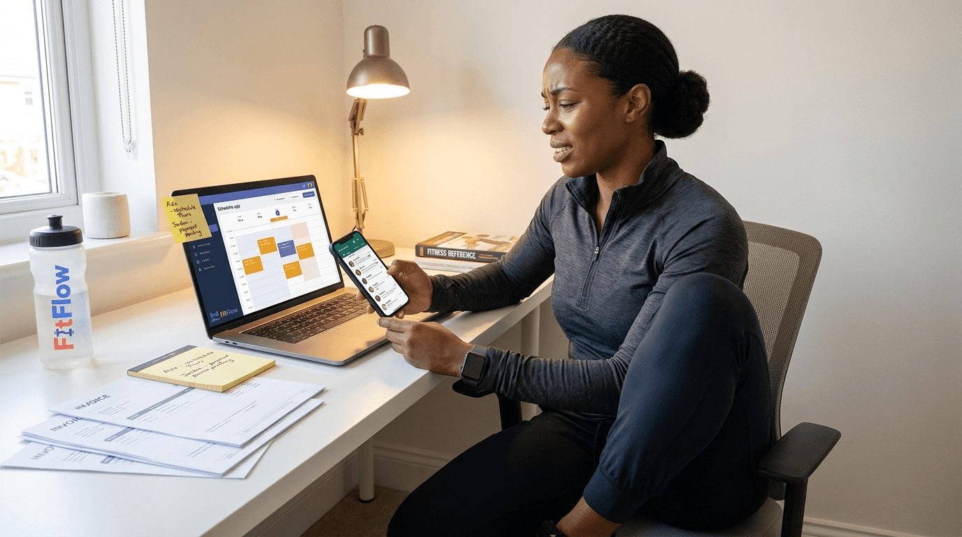 Personal trainer reviewing a time audit spreadsheet showing admin hours and lost revenue calculations on a laptop