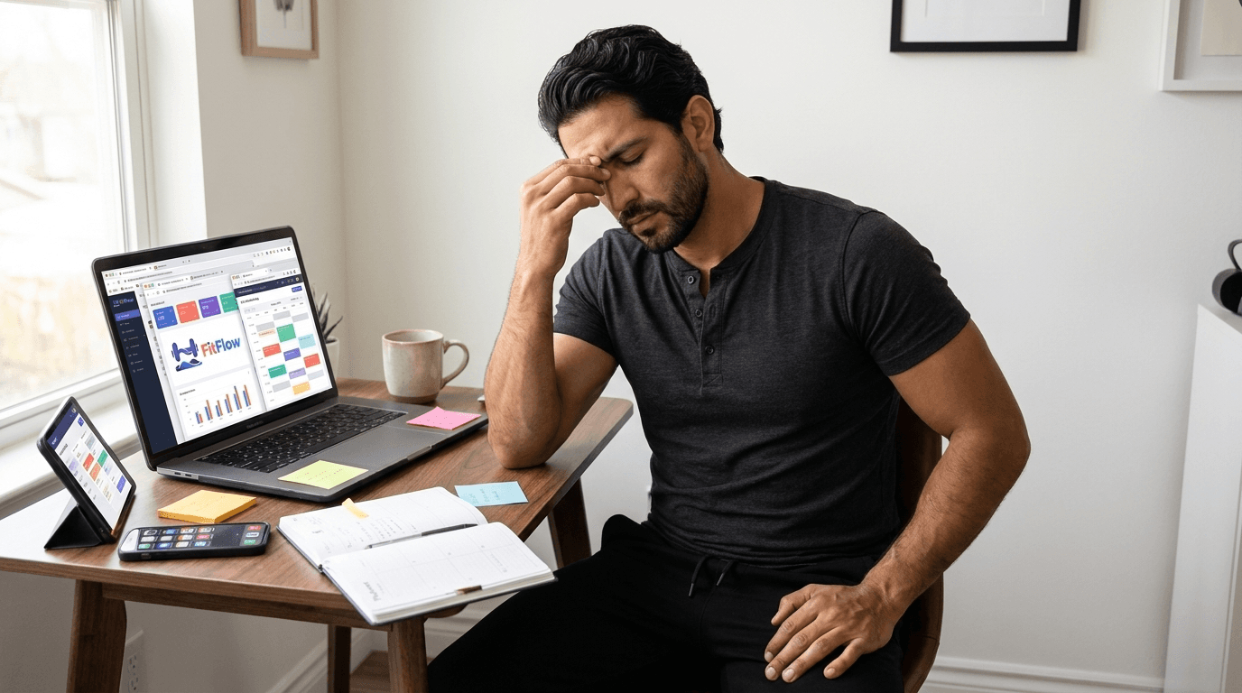 Personal trainer frustrated at laptop surrounded by multiple disconnected software interfaces and browser tabs