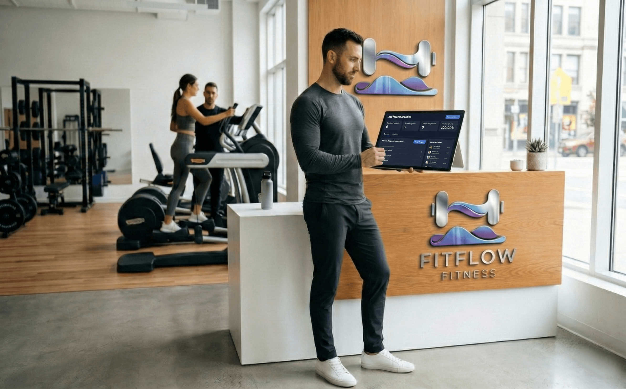 Professional fitness trainer reviewing business analytics dashboard on tablet in modern gym studio with client training in background
