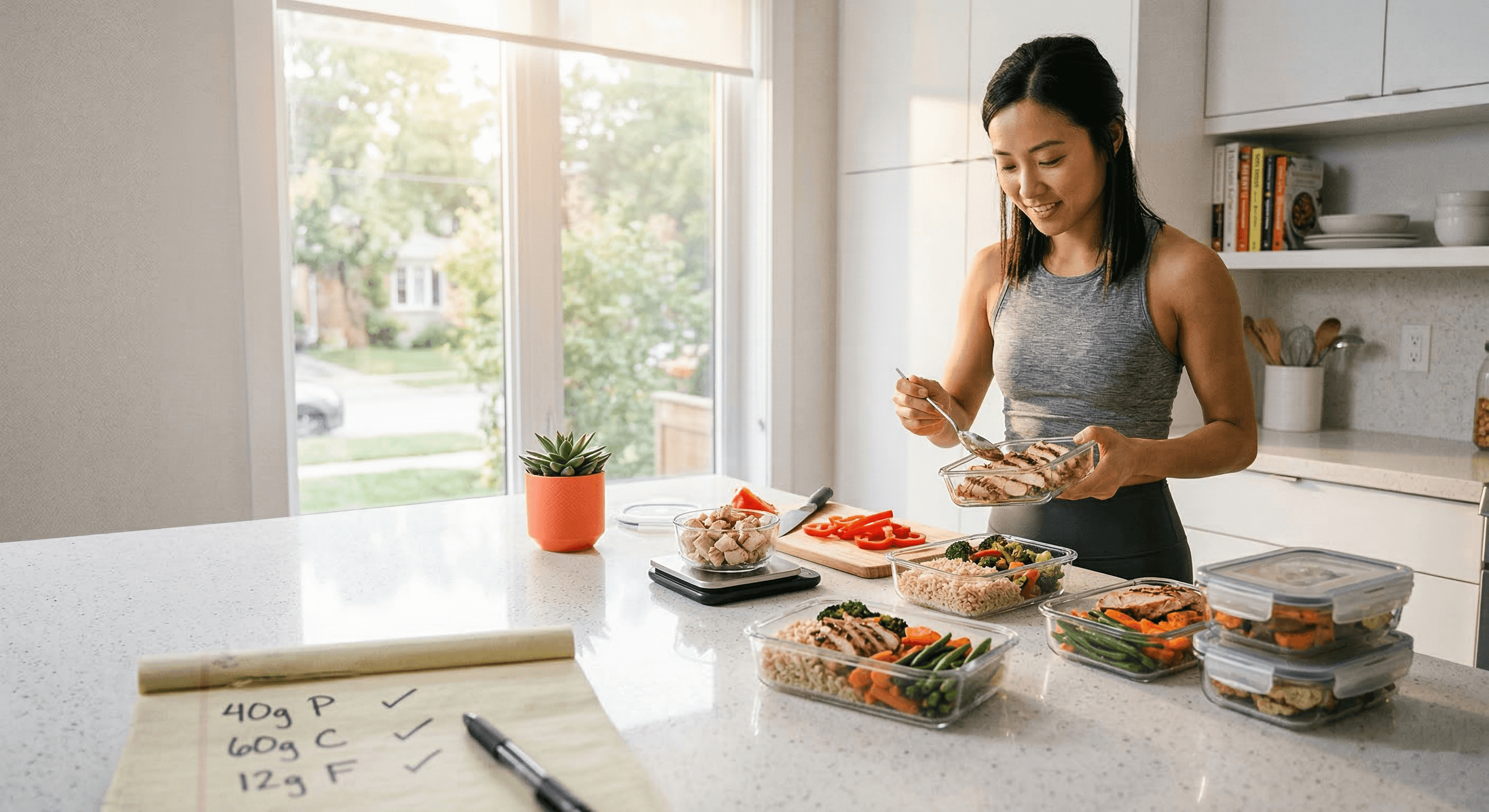 Data-driven nutrition dashboard showing macro tracking, meal prep containers organized by protein and carbohydrate sources, and a recovery metrics chart