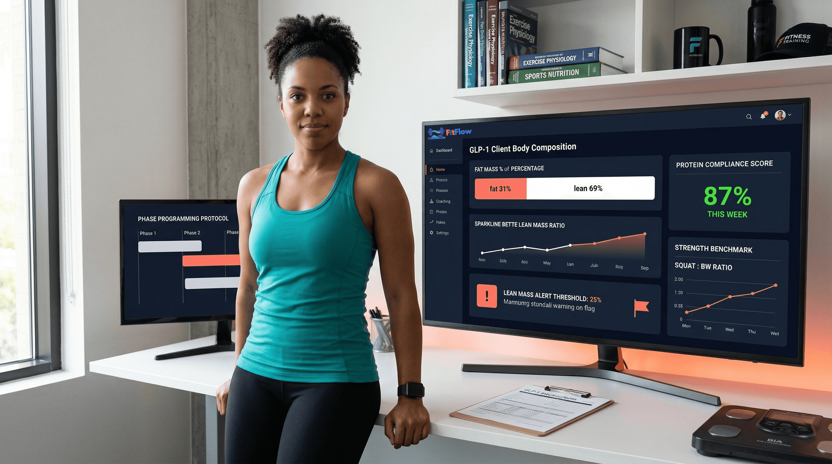 Personal trainer reviewing a GLP-1 client's body composition data on a tracking dashboard with resistance training equipment in the background