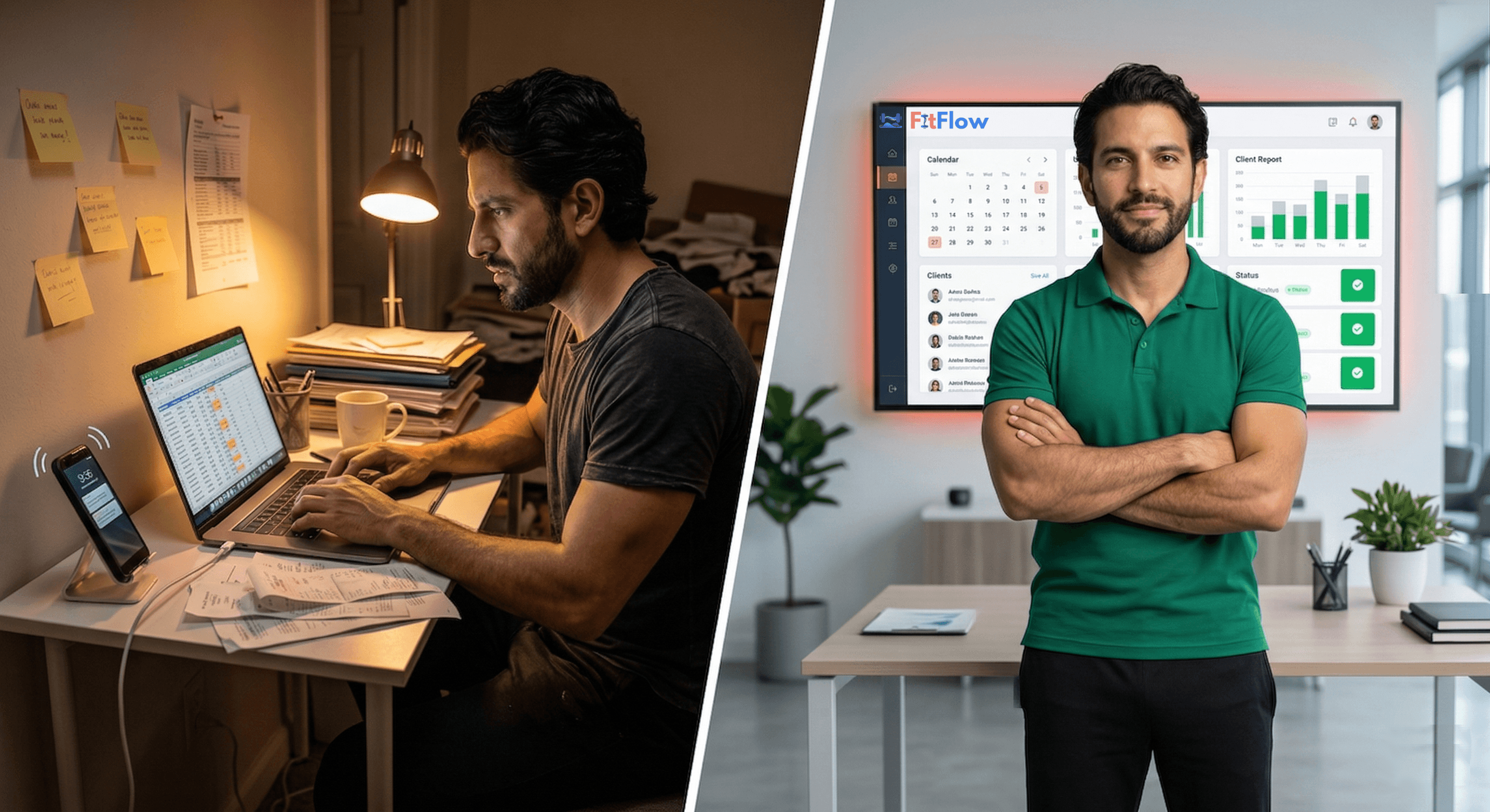 Split image showing a personal trainer overwhelmed by paperwork and phone notifications on the left, versus the same trainer confidently managing an organized digital dashboard on the right